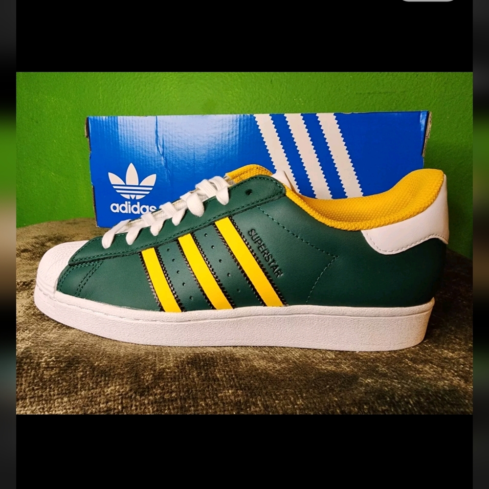 Adidas Men's Superstar Shoes, Collegiate Green/Crew Yellow/White~NEW